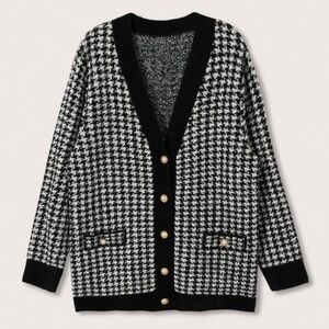 MANGO Oversized Checkered Tweed Knitted Cardigan, Black & White Checkers
